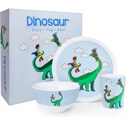 Kiz Designs Dinosaurier-Geschirr-Set für Kinder mit Teller Tasse Schüssel bunt illustriert mit Superhelden-Mädchen und Jungen. Größere Größe langlebig spülmaschinenfest Melamin-Kunststoff - BKQOYJ19