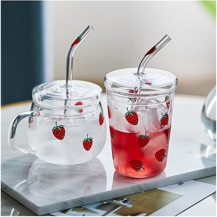 YSJJDRT Becherset Erdbeerglas Wasserbecher mit Strohhalm mit Deckel Schöne Süße Milchsaft-Tassen Frühstück Home Office-Wasserflasche Trinkbecher Color : B - BUTLX9D9