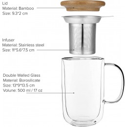 Teetasse Glas doppelwandig mit Griff Thermoglas mit Edelstahl-Sieb für Losen Tee-Blätter und Bambus Holz-Deckel 0.5 Liter - BCMOY22W