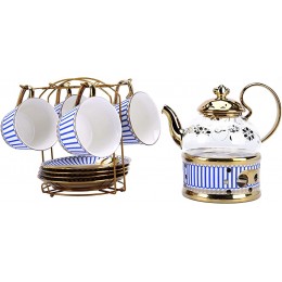 fanquare 11 Stück Blau Geometrisch Englische Porzellan Tee Sets Keramik Teeservice Kaffee Set mit Stövchen Teebereiter und Metallhalter - BRSJUWNQ