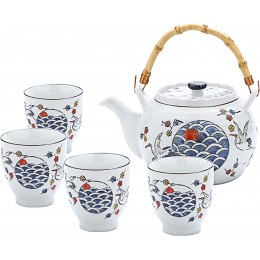 fanquare Japanisches Blaues und weißes Porzellan Tee Set Teeservice mit Kran und Fischschuppen Muster Keramische Teekanne mit Rattanstiel und 4 Tassen - BGLIS6E9