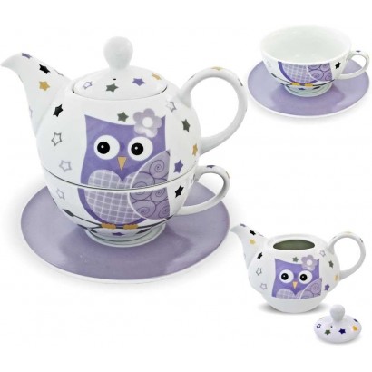 Porzellan Tee Set Tea for one Teeservice Teekanne Tasse Untersetzer Eule lila weiß - BNMVM5B5