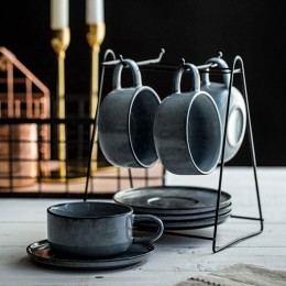 HKX Tassen- und Untertassen-Sets Keramik-Kaffeetasse 4 Unzen ca. 230 ml Tassen und 4 Untertassen mit Kaffeeständer geeignet für Kaffee Nachmittagstee-Party-Kaffeetasse - BPEDC21B