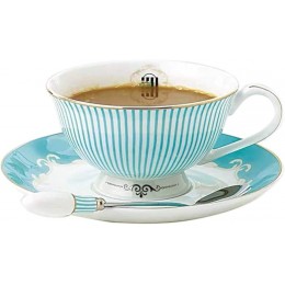 YBK Tech Tassen- und Untertassen-Set aus feinem Porzellan für Tee und Kaffee für Frühstück Nachmittagstee blaues Streifenmuster 1 - BYDAU7QK