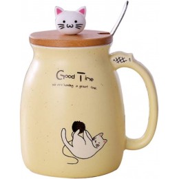Urijk Tasse Keramik Katze Form Muster Kaffeetasse mit Edelstahllöffel hitzebeständige Teetasse Tee Milch Kaffee Becher Geschenk für Katzenliebhaber #1-Gelb，420 Ml - BMLJAEQ6