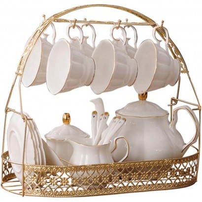 fanquare 15 Stück einfache weiße englische Keramik-Teesets Teekanne Knochenporzellan-Tassen mit Metallhalter passende Löffel Nachmittagstee-Set Kaffee-Set - BRYRY115