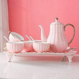 Modernes Teeservice mit Teekanne Porzellan-Teeservice für Erwachsene Kaffeetassen-Set mit Tablett und Teelöffeln für den Haushalt ，Rosa Geschenk - BDYJTEDQ