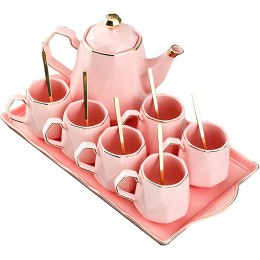 XINGAKA Teeservice 6er Tee-Set mit Teetablett & Löffeln,Modernes Tee- Kaffeetassen-Set im Diamant-Design mit Goldener Verzierung schickes Porzellan-Wohnzimmerdekor Teekanne,Rosa - BJMHC95B