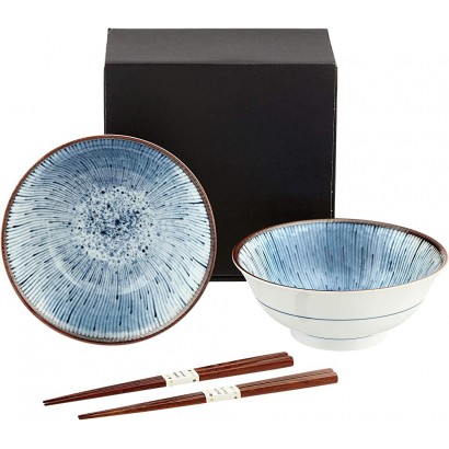 Japanische Suppenschalen Set HANABI Geschenkset Porzellan Suppenschüssel für Udon Soba Ramen inkl. Essstäbchen hergestellt in Japan Ø 18,8 cm H 7,7 cm - BVHHH7E9