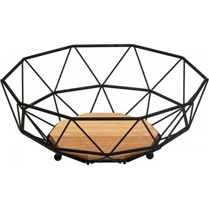 Obstkorb mit Holzboden aus Metall in Schwarz moderne Obstschale mit Holz Einsatz für Küche und Wohnzimmer - BDLWWBNK