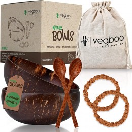 vegboo® Coconut Bowls 2er Set inkl. E-Book 100% Nachhaltige Plastikfreie Kokosnuss Schale Handmade mit umfangreichem Zubehör ideal als Müsli Schüssel Vegan Food Acai und Smoothie Bowl - BHPWB291