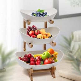 Obst Etagere Keramik Porzellan Obstteller Gemüse Bambusholz Ständer Serviertablett 3 Stöckig Weiß - B0B11B2PXYX