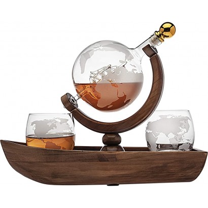 Godinger Whiskey Decanter Ship Globe Set with 2 World Whisky Glasses for Liquor Scotch Bourbon Vodka 850ml - B07VWKZJP8W
